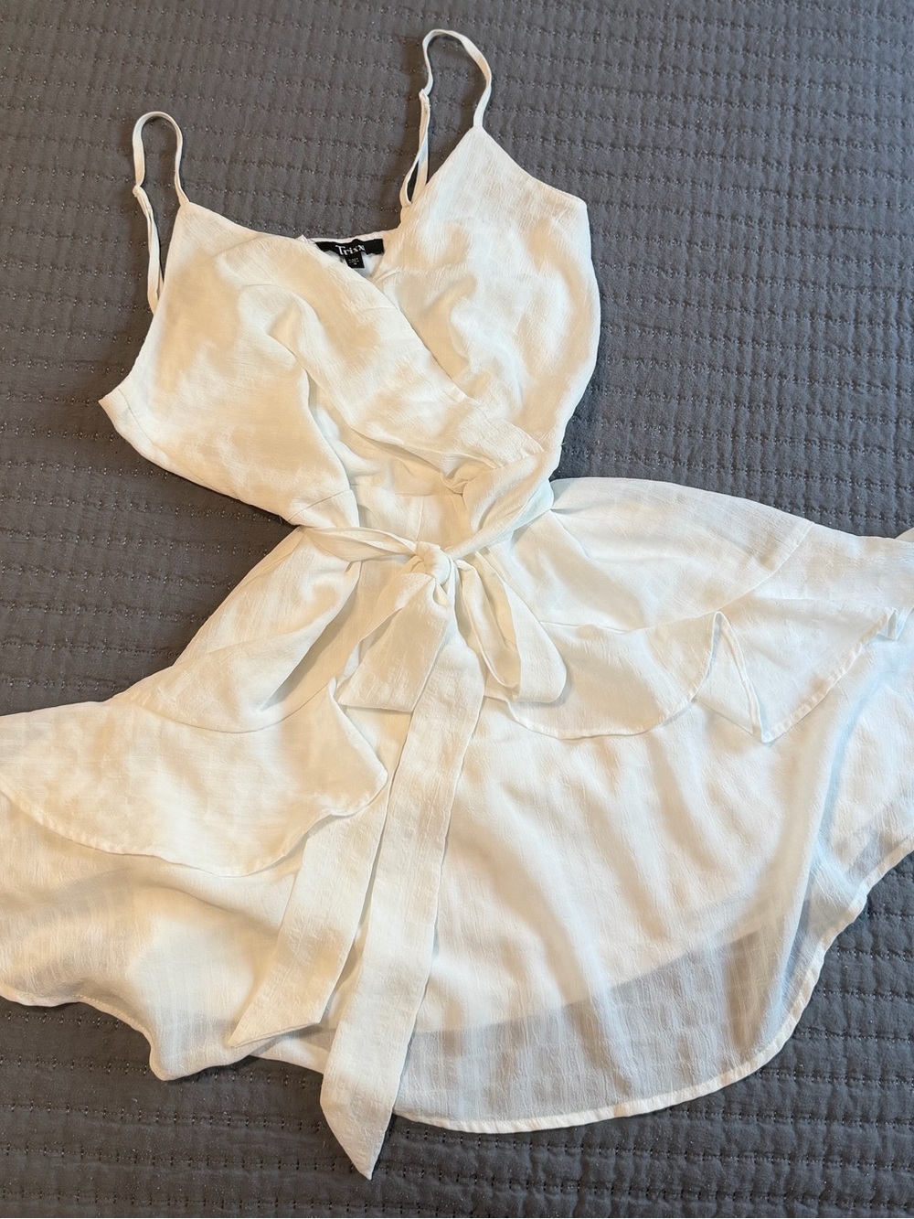 White Coquette Mini Dress Trixxi Ruffle Womens Size Small Faux Wrap Tie Waist